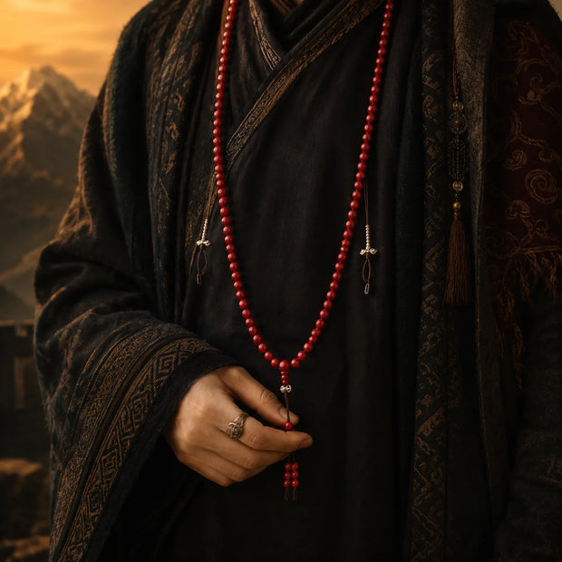 Tibetan-Inspired Red Glass 108 Mala Necklace for Vital Energy | Kailora