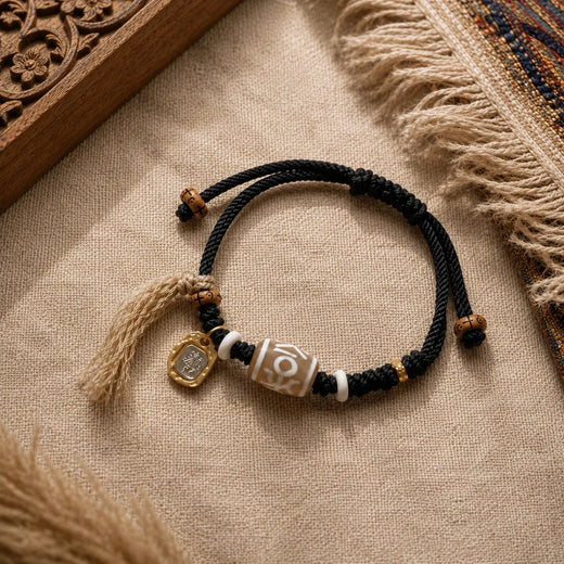 Tibetan-Inspired Natural Agate Dzi Cord Bracelet with Zaki Lhamo Charm | Kailora