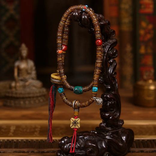 Tibetan-Inspired Yak Bone Hand Mala with Natural Turquoise | Kailora