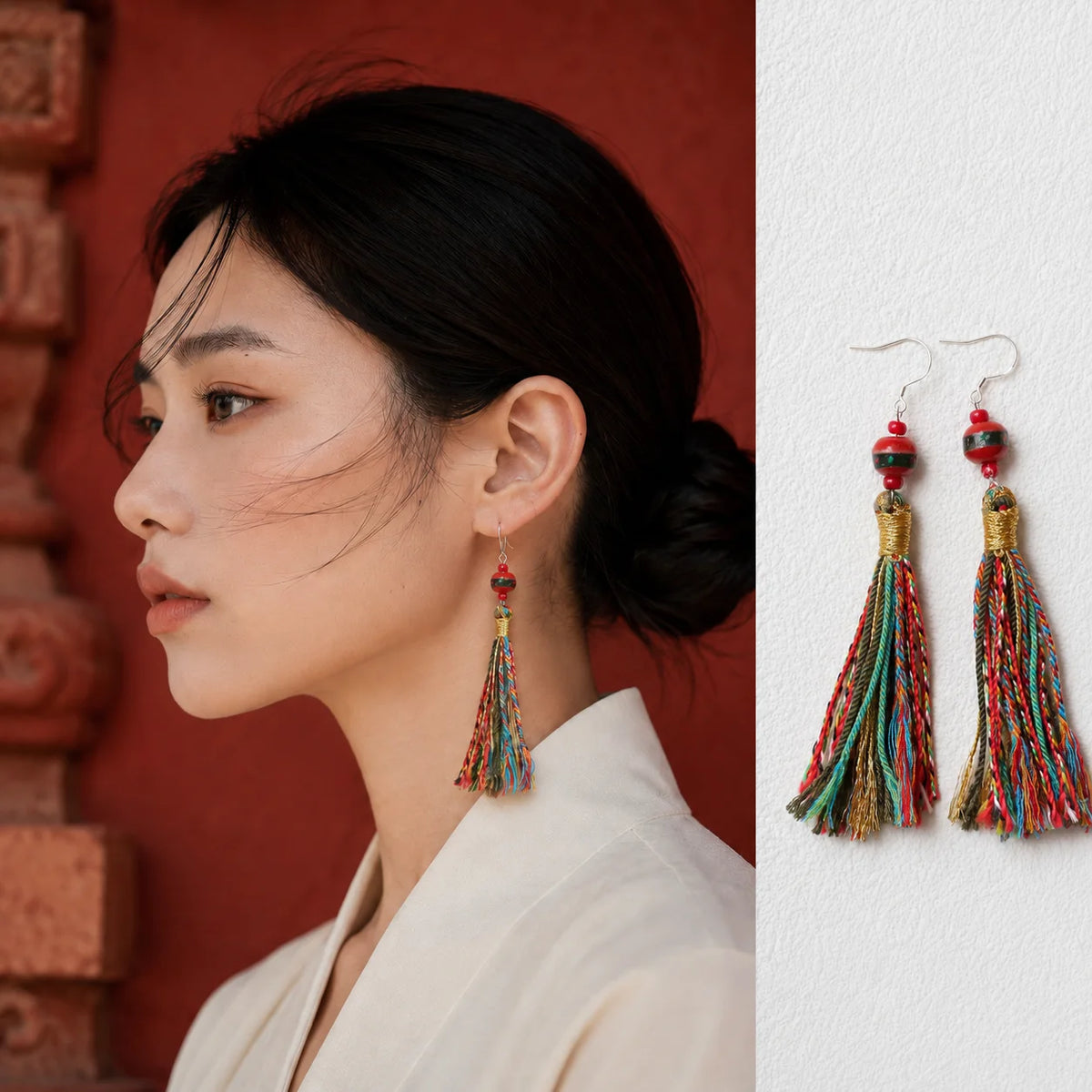 Tibetan-Inspired Multicolor Tassel Earrings with S925 Silver Hooks | Kailora