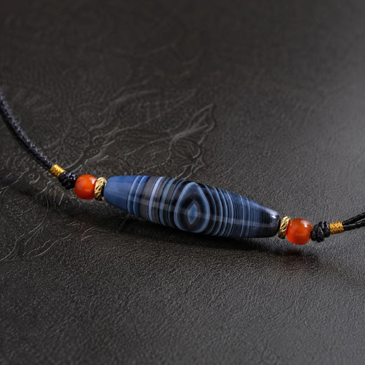 Tibetan-Inspired Natural Blue Eye Agate Leather Cord Necklace | Kailora