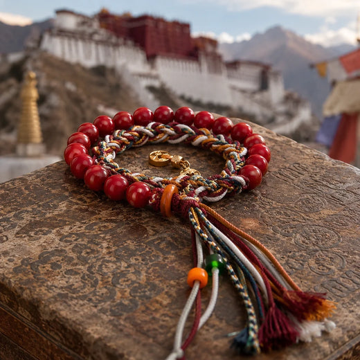 Tibetan-Inspired Red Beaded Braided Cord Bracelet | Kailora