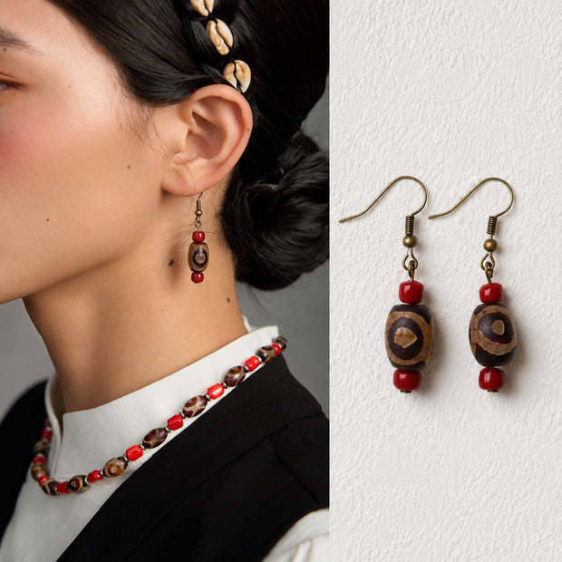 Tibetan-Inspired Natural Agate Dzi Bead Earrings for Intuition | Kailora
