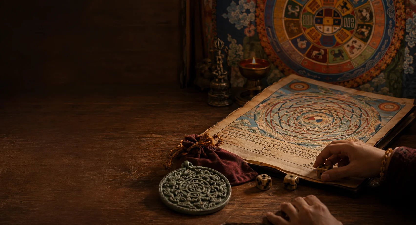Tibetan astrology inspired reading desk with chart and candlelight