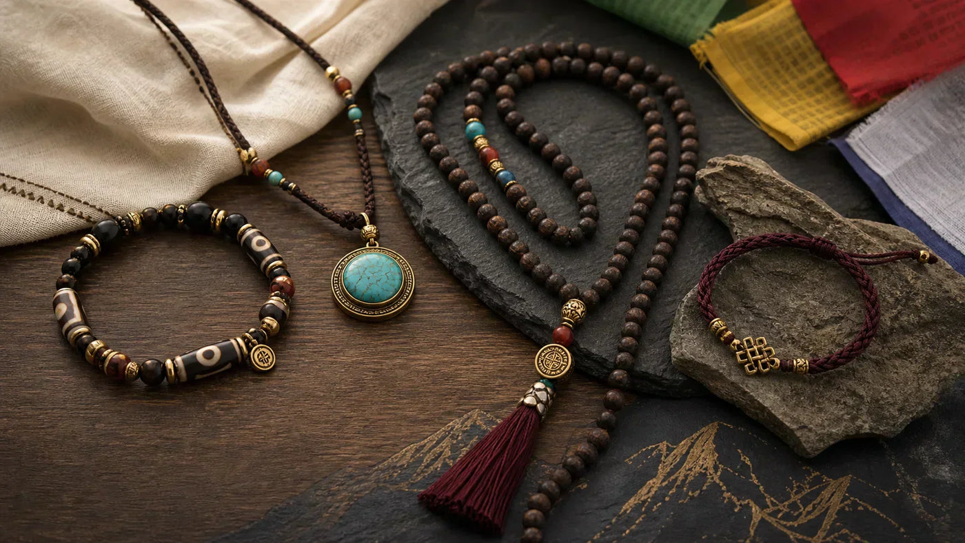 Tibetan-inspired jewelry styled for respectful everyday wear with symbolic beads, mala details, and Himalayan design references