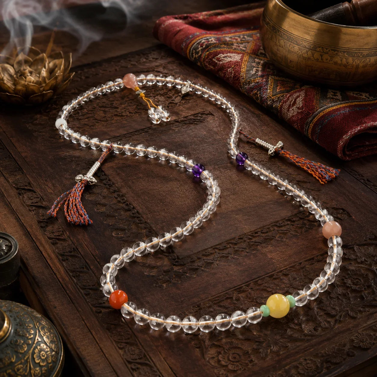 Natural Clear Quartz 108 mala wrap necklace handmade in Tibet by Kailora