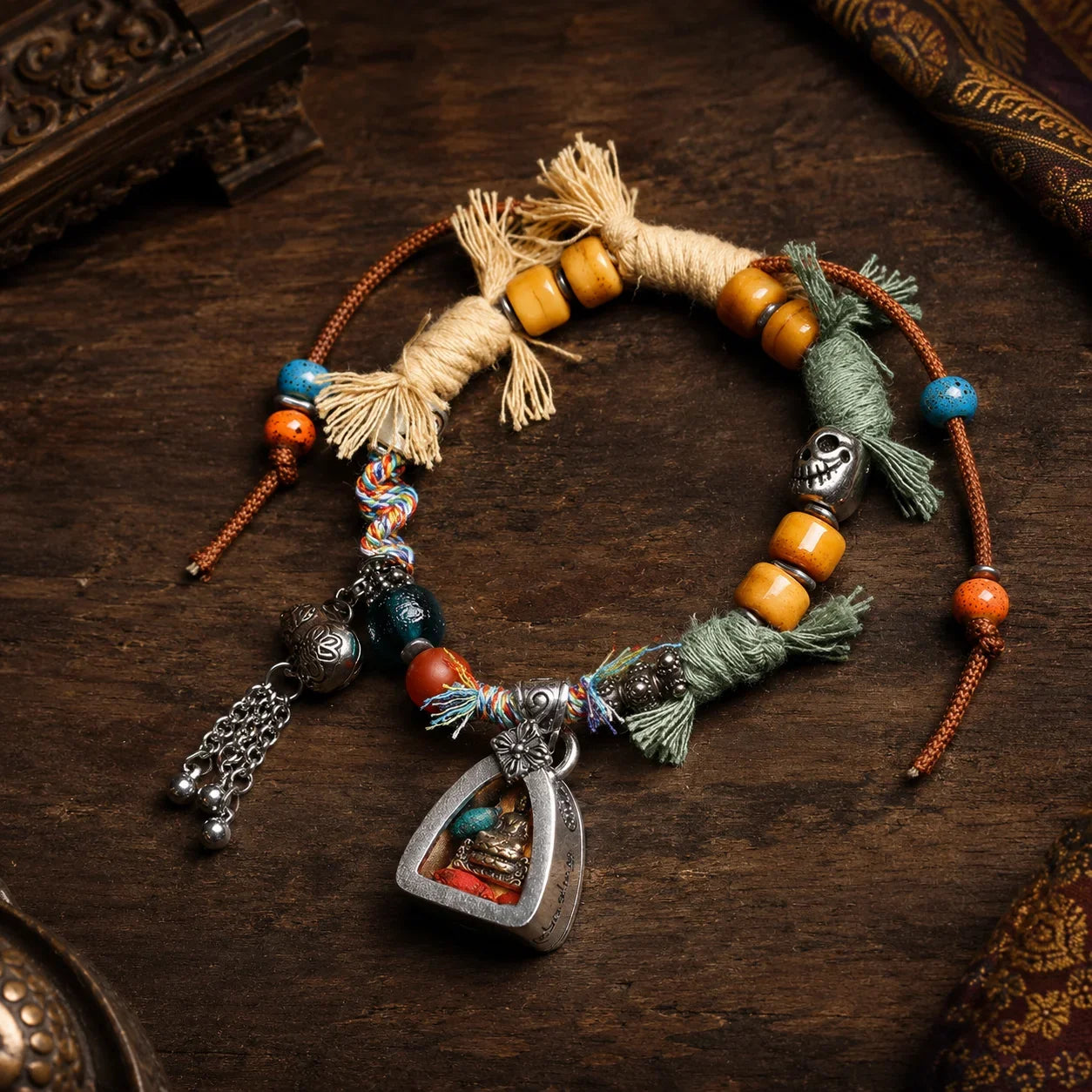 Tibetan-inspired Ga'u amulet bracelet with braided cord
