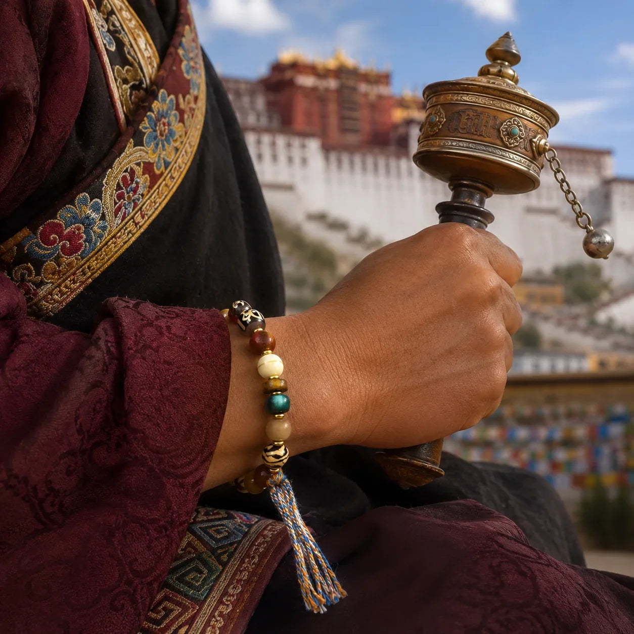 Close-up of natural agate and mixed stone beads in a Kailora bracelet
