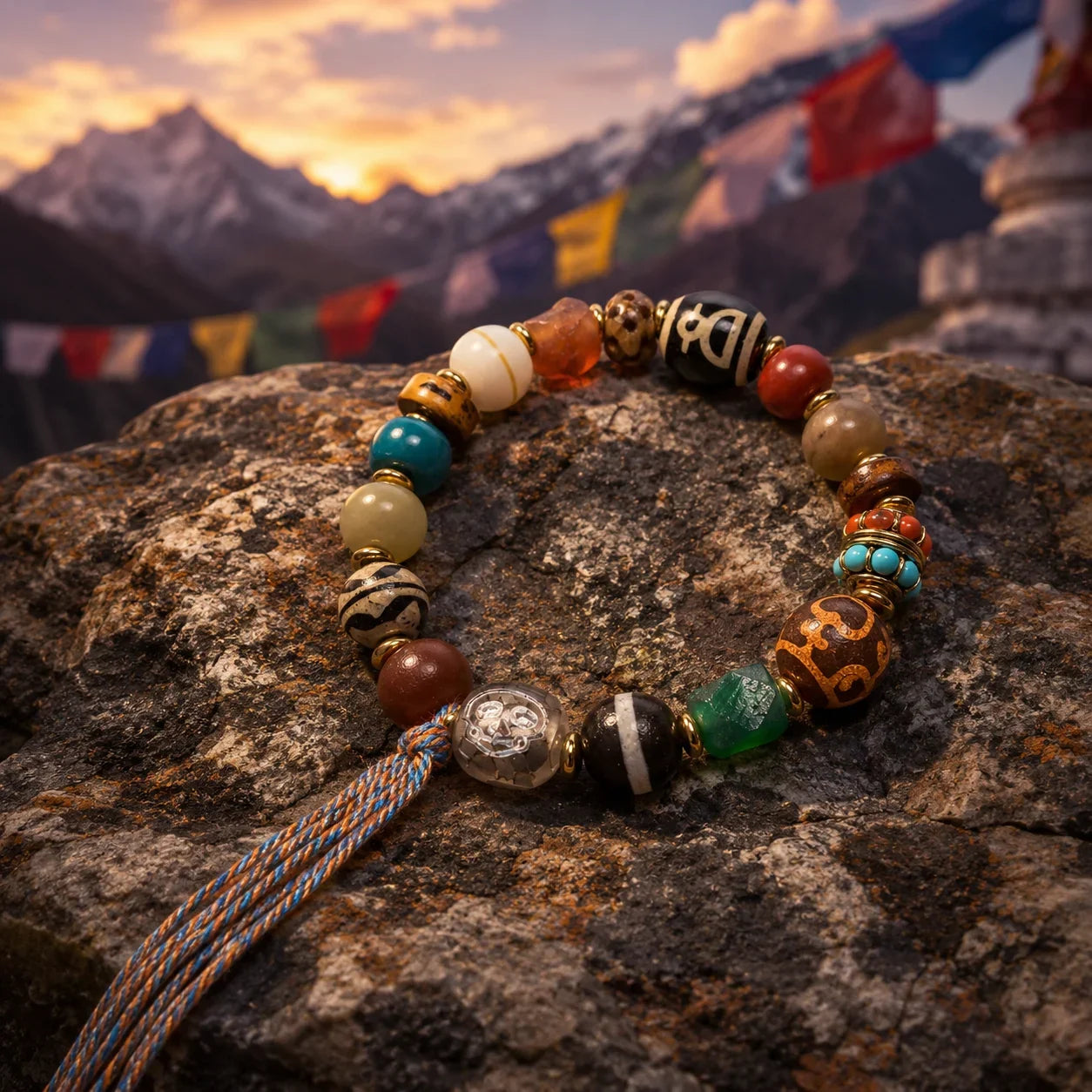 Close-up of three-eye Dzi agate bead details on Kailora bracelet