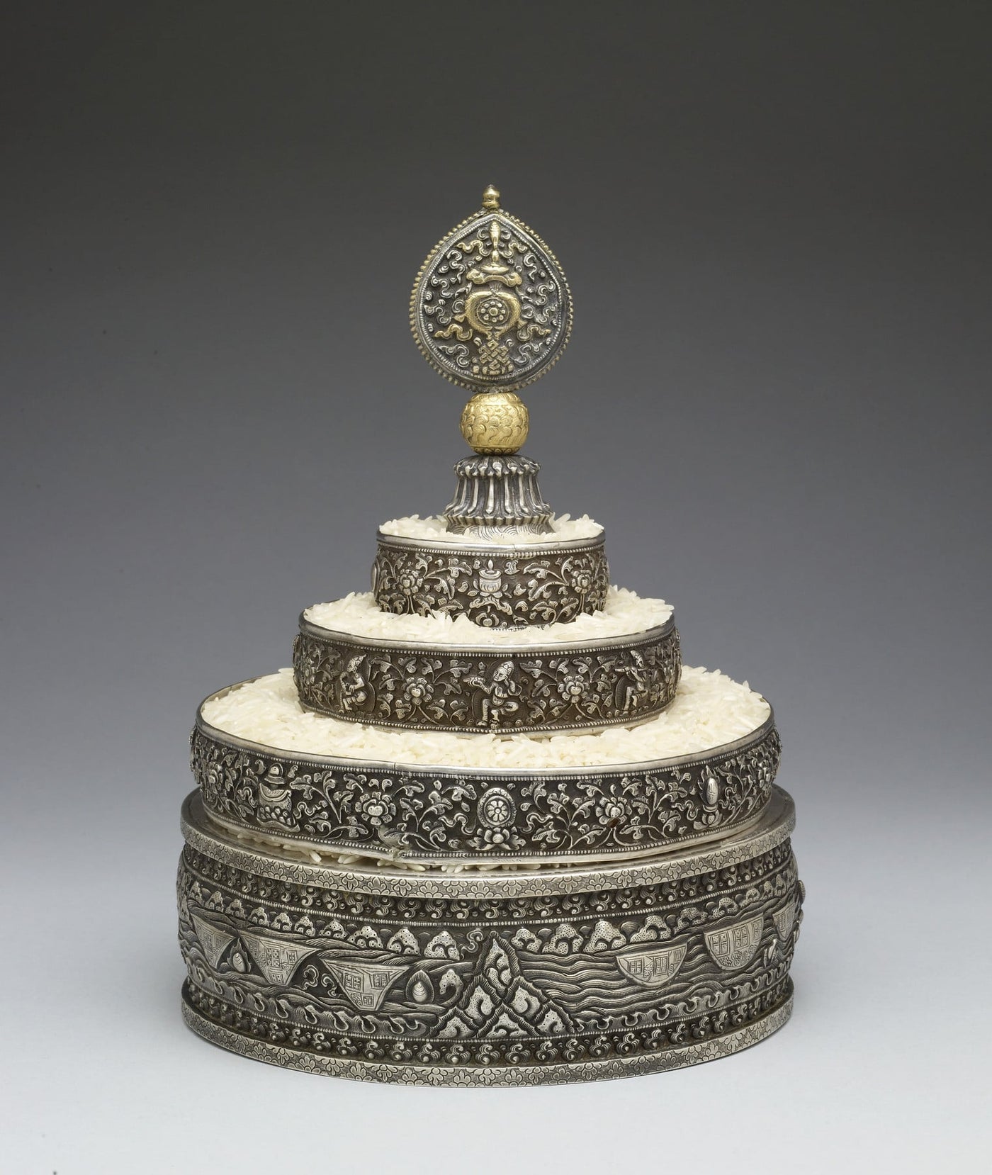 Tibetan mandala offering set featuring the Seven Symbols of Royal Power