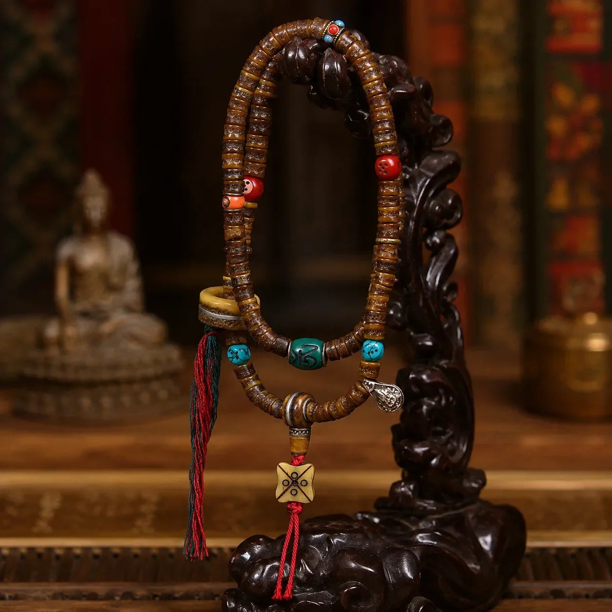 Hand mala vs mala necklace guide with Tibetan-inspired yak bone mala, turquoise accents, daily ritual, and Kailora bead jewelry
