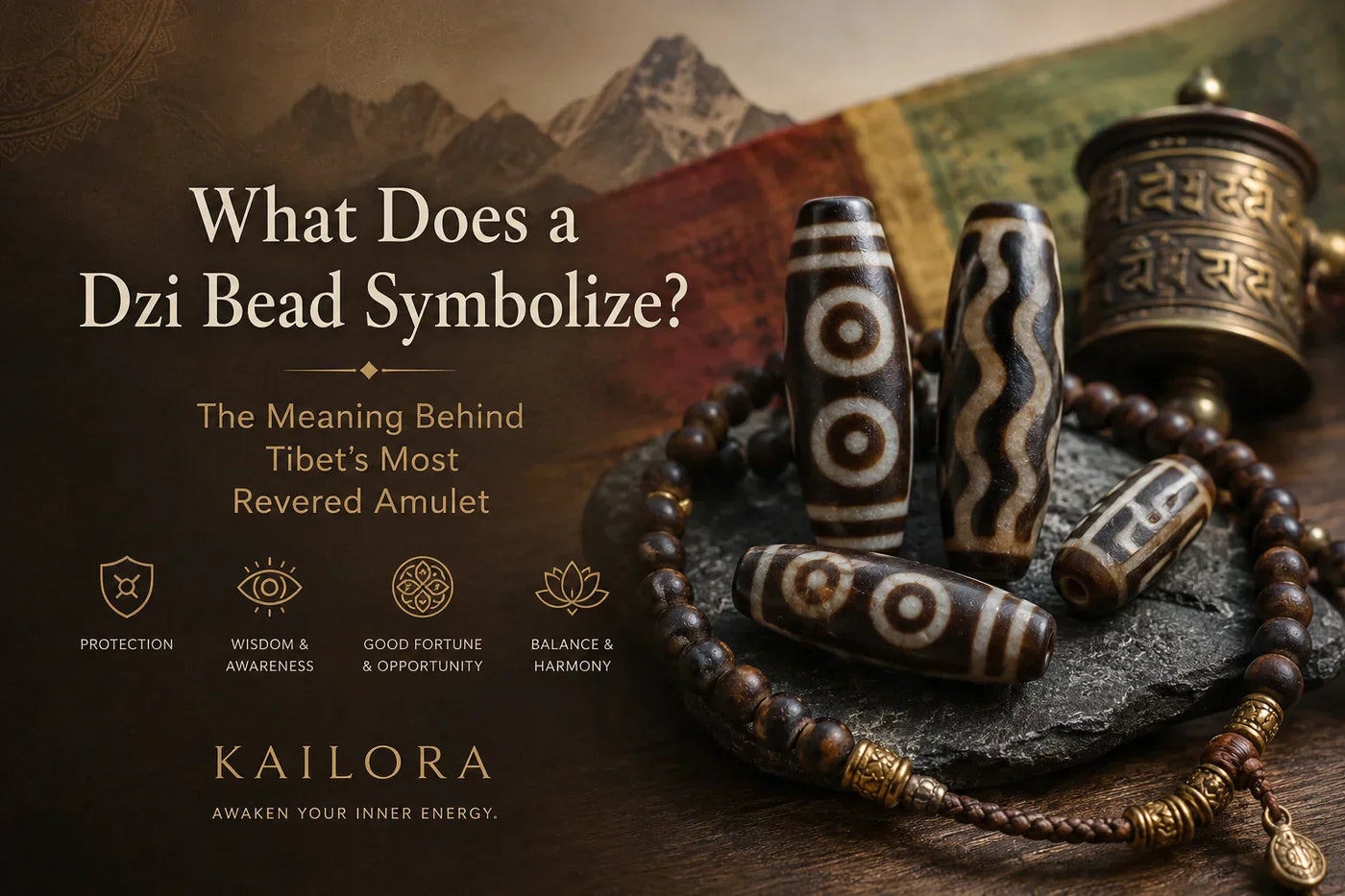 Dzi bead meaning guide with Tibetan-inspired Dzi jewelry, eye symbols, awareness, protection, and intuition by Kailora