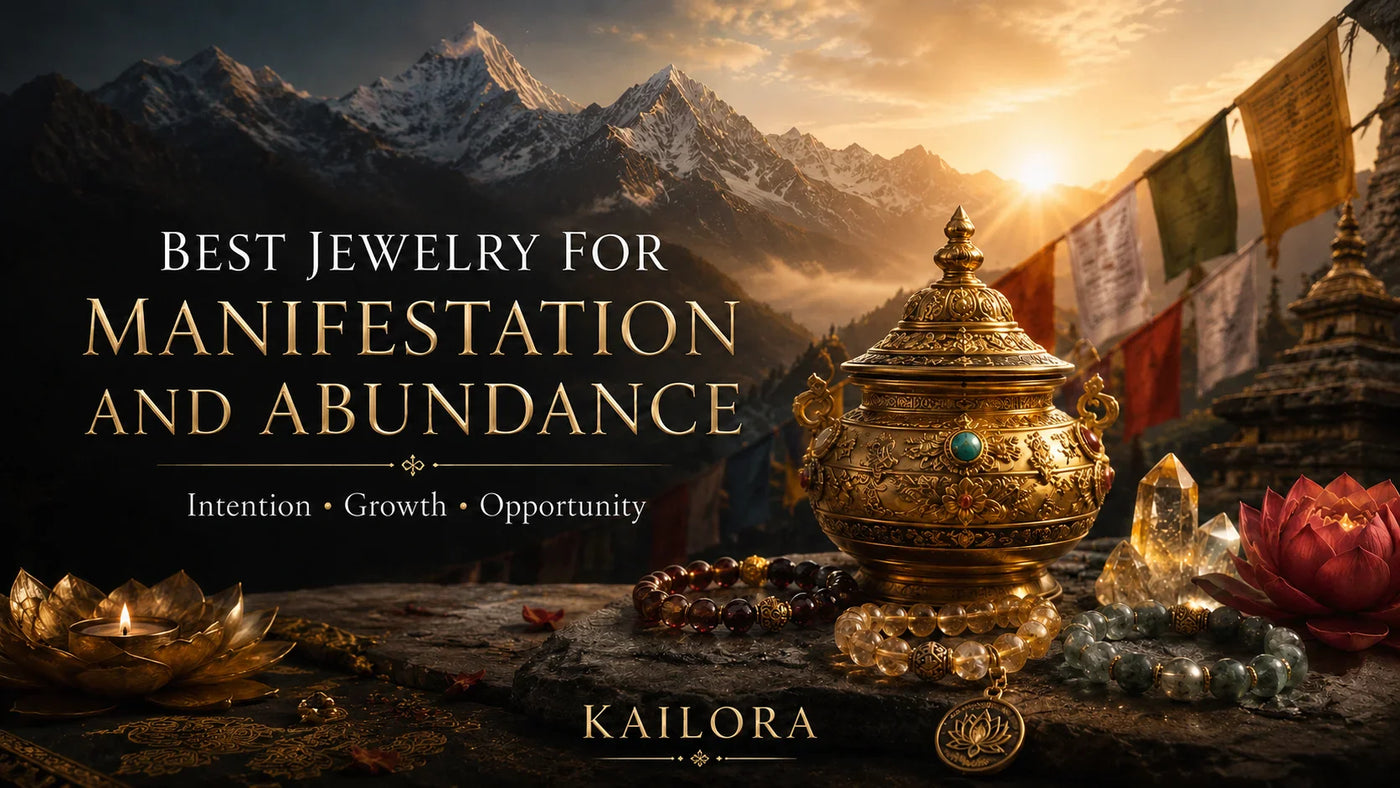 Himalayan-inspired manifestation and abundance jewelry with treasure vase, prayer flags, golden light, and symbolic ritual jewelry elements.