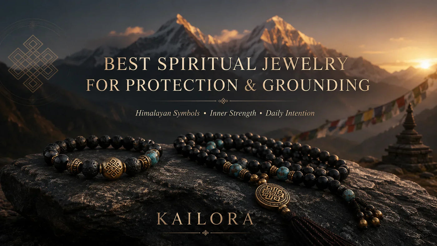 Protection and grounding jewelry with Himalayan-inspired symbolic background by Kailora