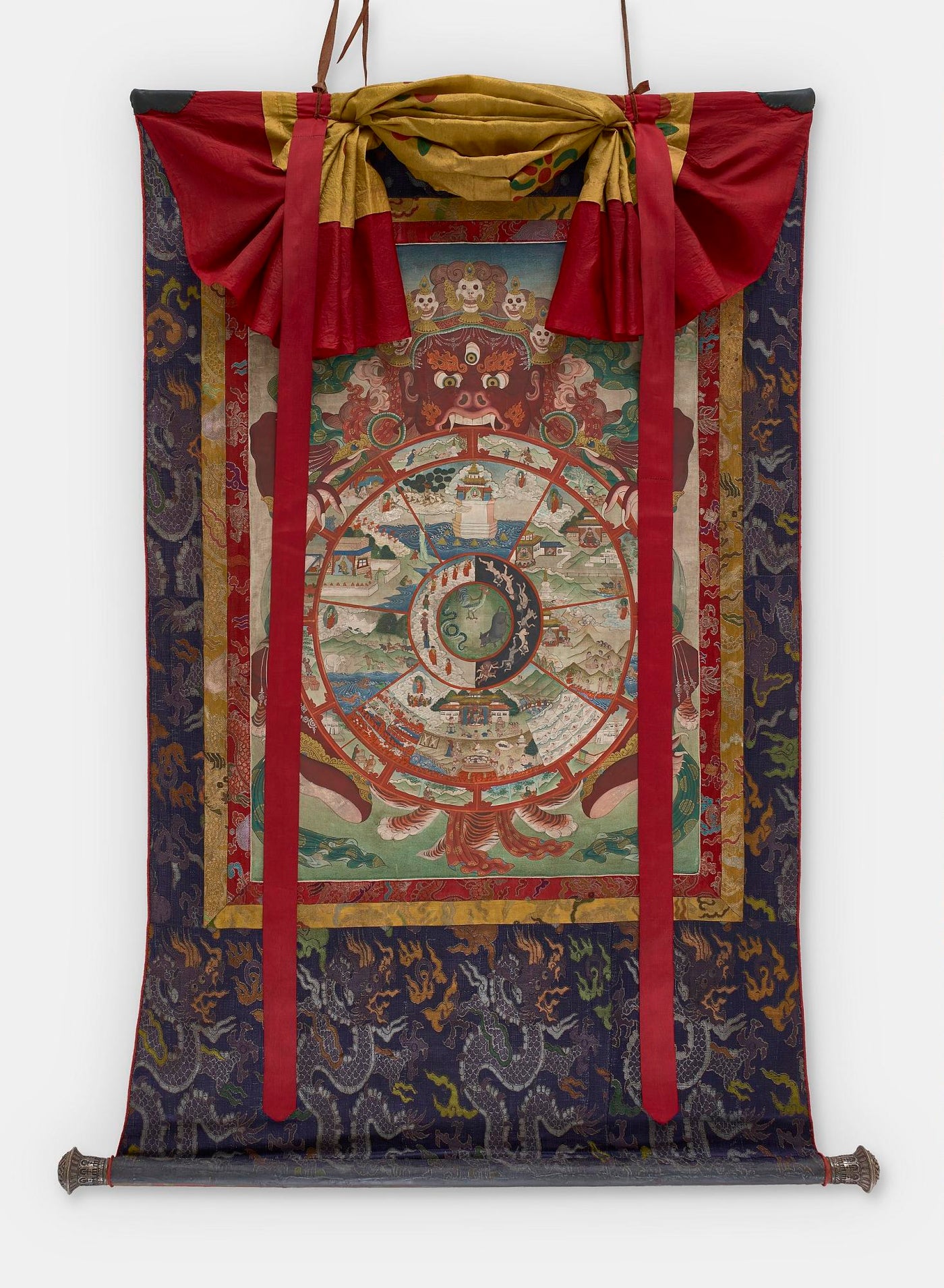 Tibetan Wheel of Life thangka showing the Bhavachakra and six realms