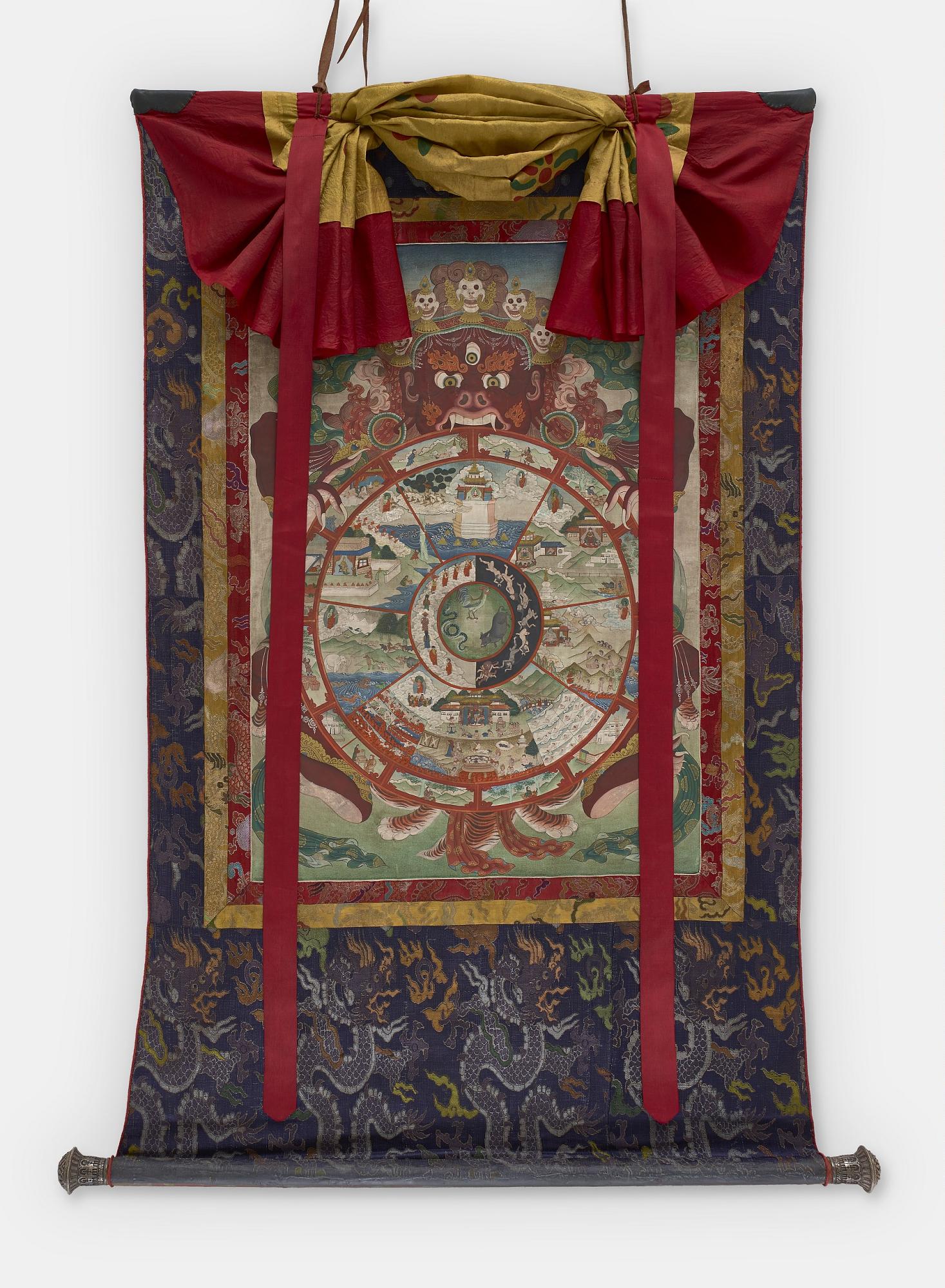 Tibetan Wheel of Life thangka showing the Bhavachakra and six realms