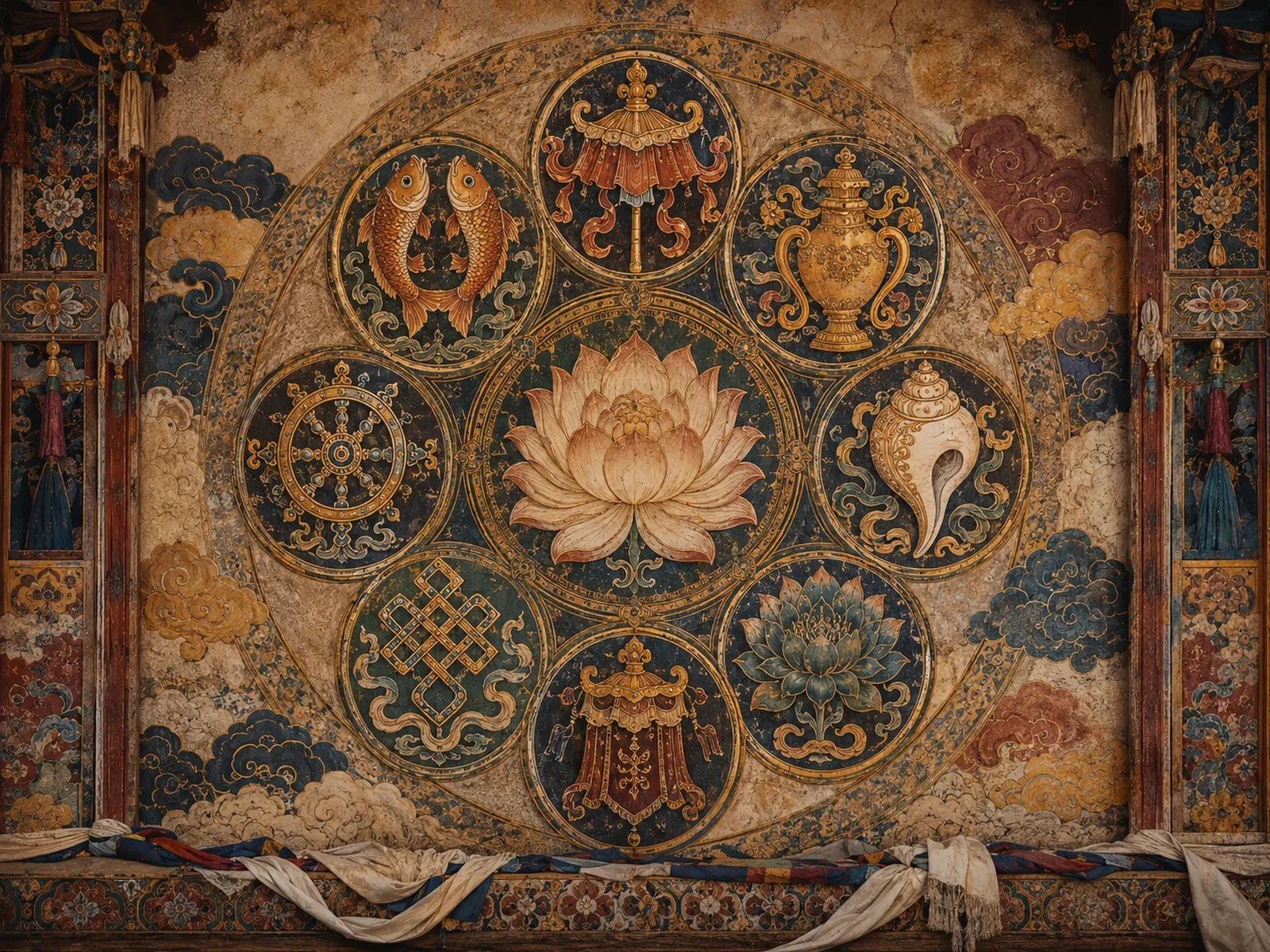 Eight Auspicious Symbols of Tibetan Buddhism arranged in a traditional Tibetan mural-inspired composition
