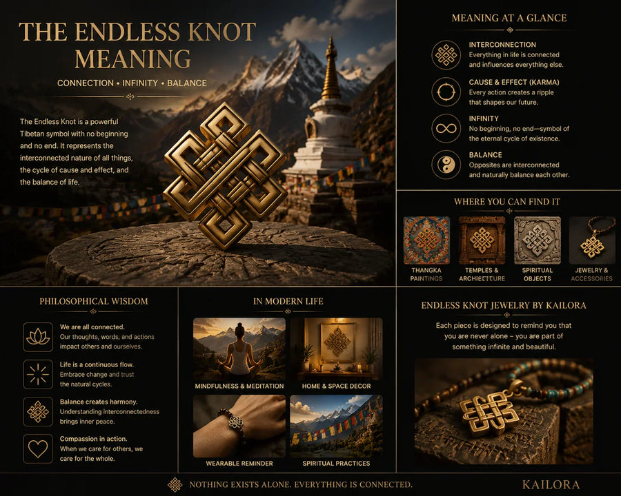 Tibetan endless knot symbol jewelry with Himalayan-inspired background by Kailora