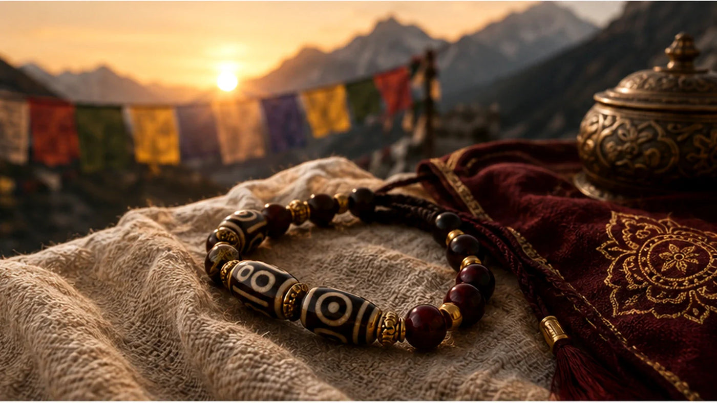 Tibetan-inspired symbolic jewelry with prayer flags and Himalayan morning light for a Kailora talisman meaning guide