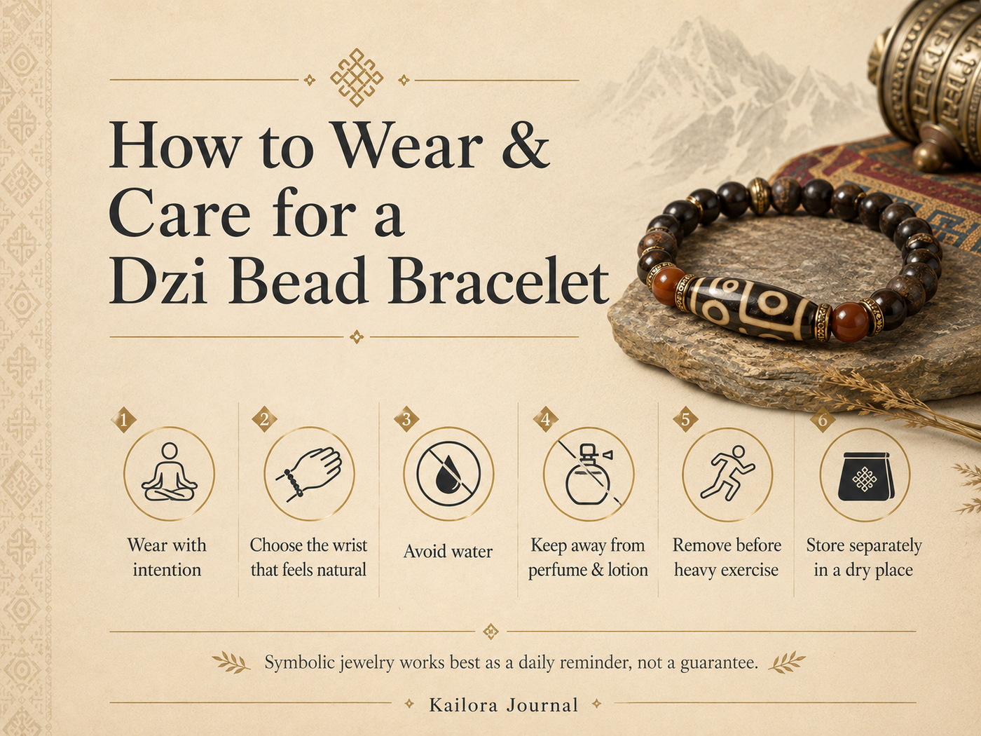 Dzi bead bracelet buying guide with Tibetan-inspired eye symbols, intuition, symbolic protection, and daily wear by Kailora