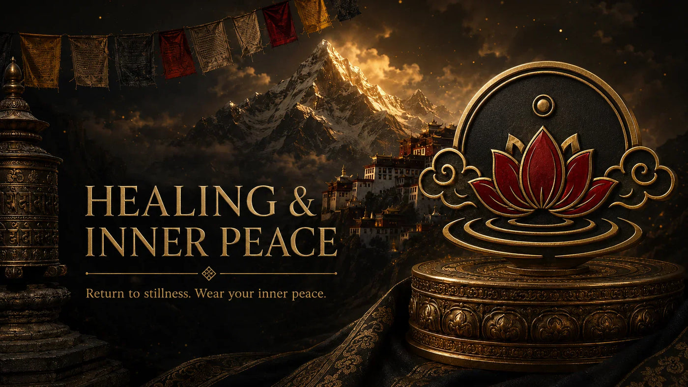 Kailora Healing and Inner Peace jewelry with lotus-inspired Tibetan symbolic background