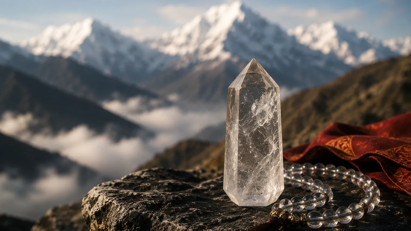 Himalayan quartz crystal presented against a Himalayan mountain landscape