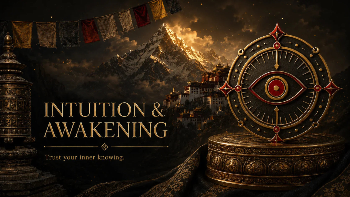 Kailora Intuition and Awakening jewelry with Tibetan eye-inspired symbolic background