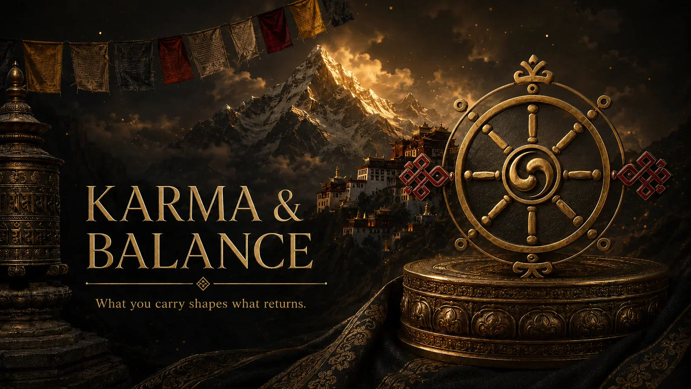 Kailora Karma and Balance jewelry with Tibetan wheel-inspired symbolic background