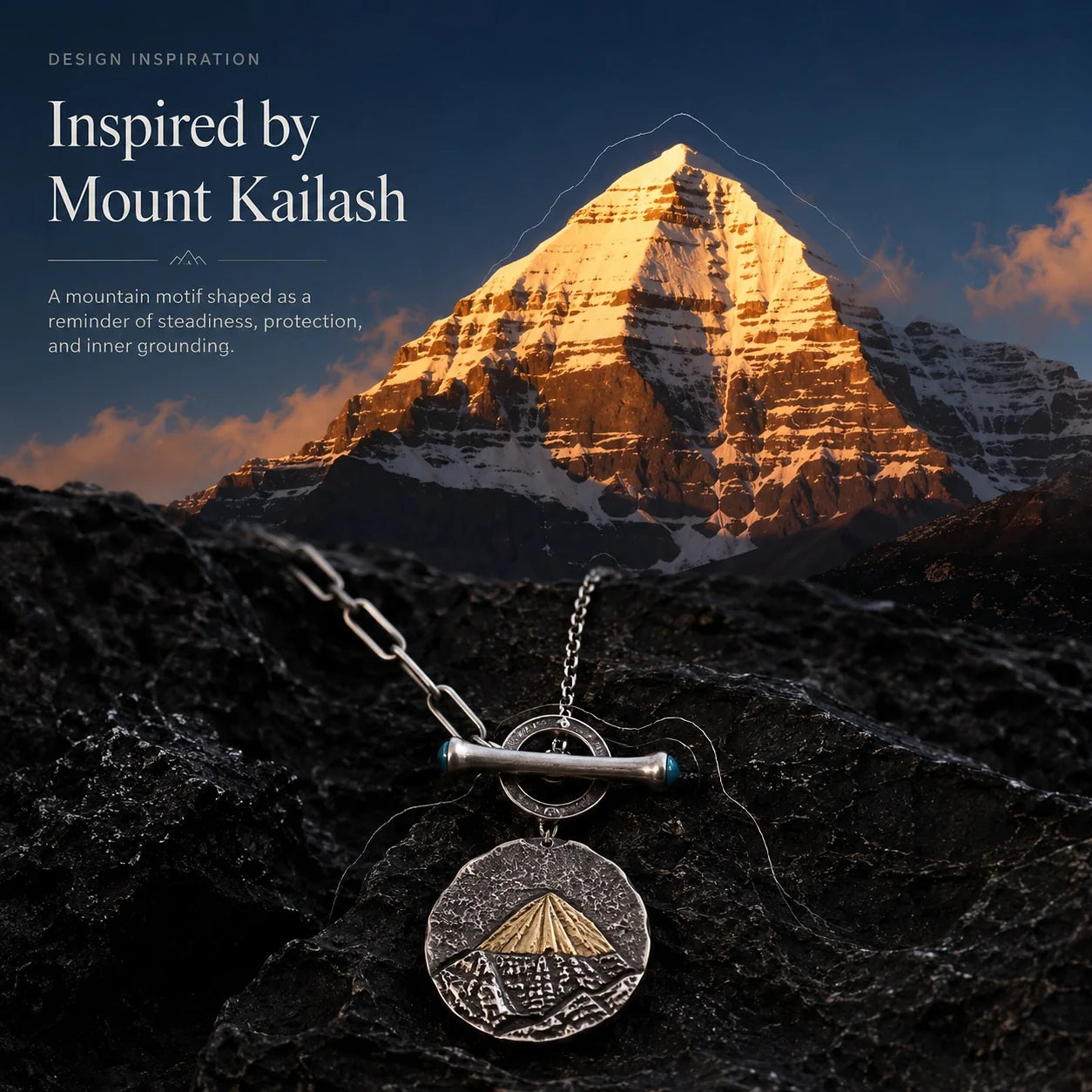 Mount Kailash necklace design inspiration showing the sacred mountain and relief pendant