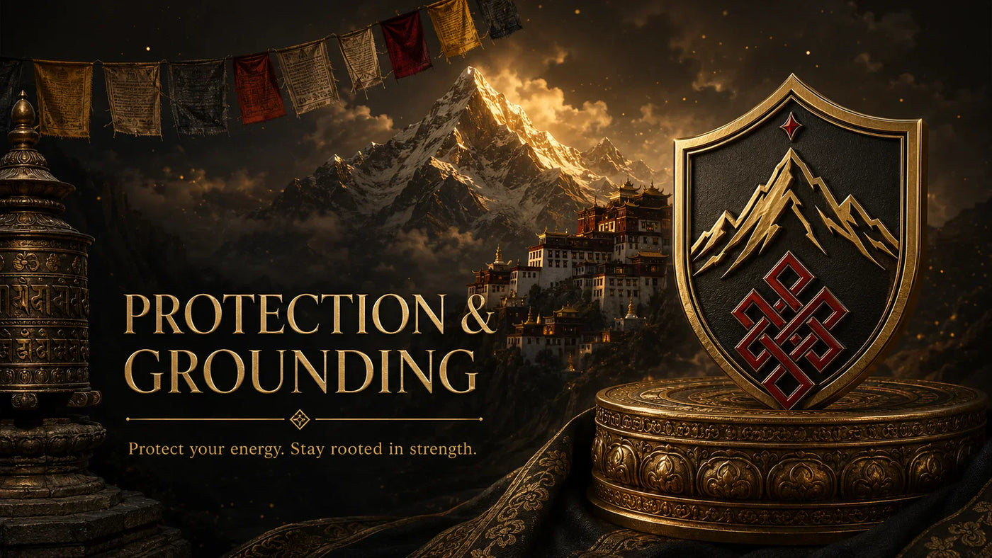 Kailora Protection and Grounding jewelry with Tibetan-inspired Himalayan mountain background