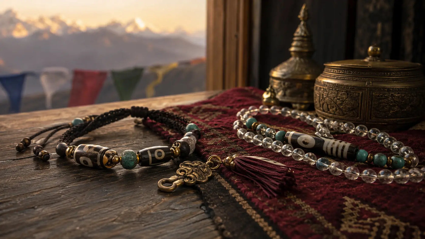 Tibetan-inspired ritual jewelry with Dzi-style beads, turquoise, crystal beads, prayer flags, and Himalayan morning light