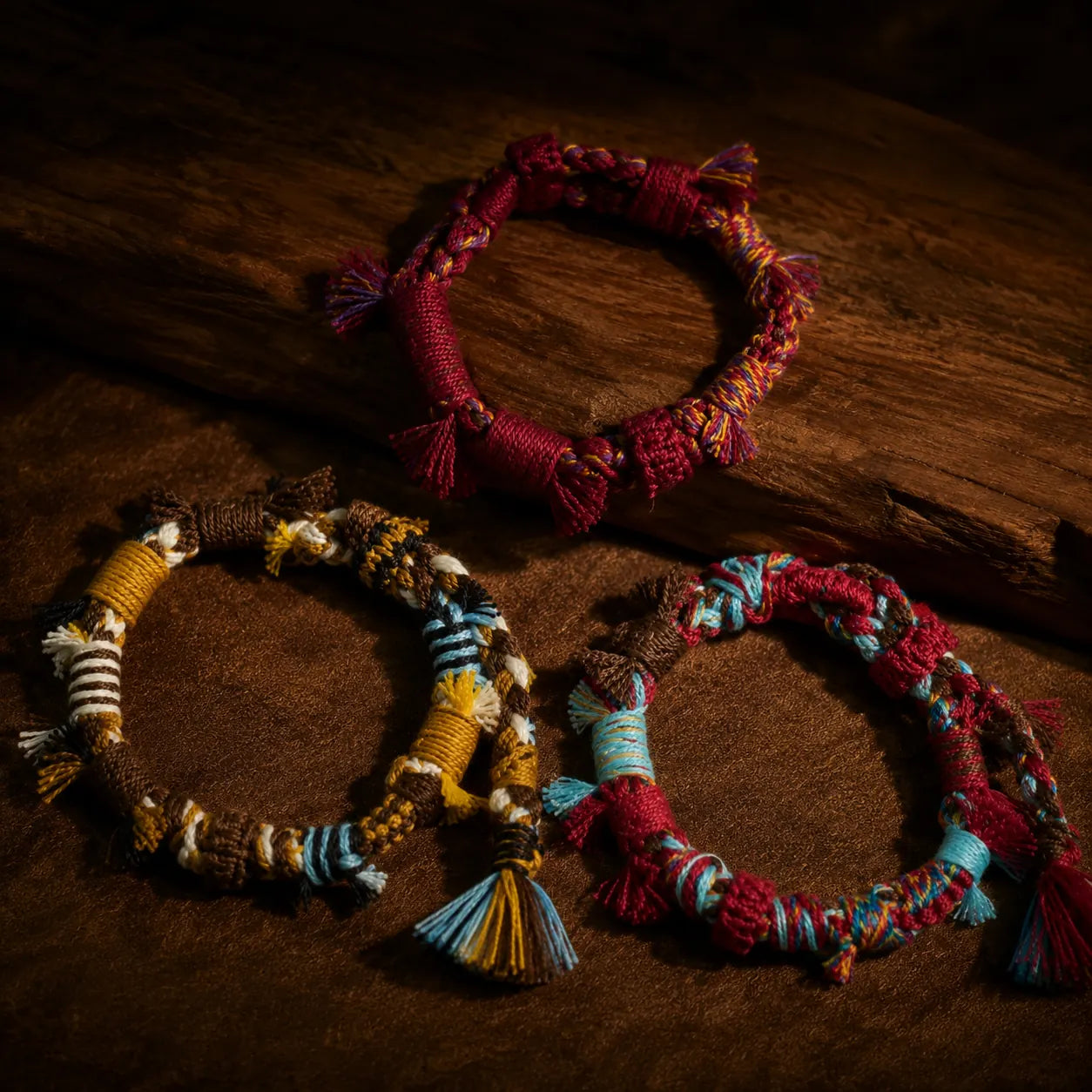 Tibetan-inspired handwoven bracelets in three colorways by Kailora