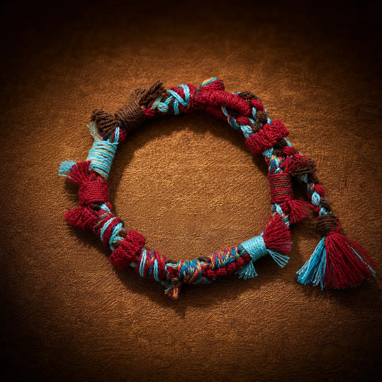 Tibetan-inspired braided cord bracelet with turquoise and red accents