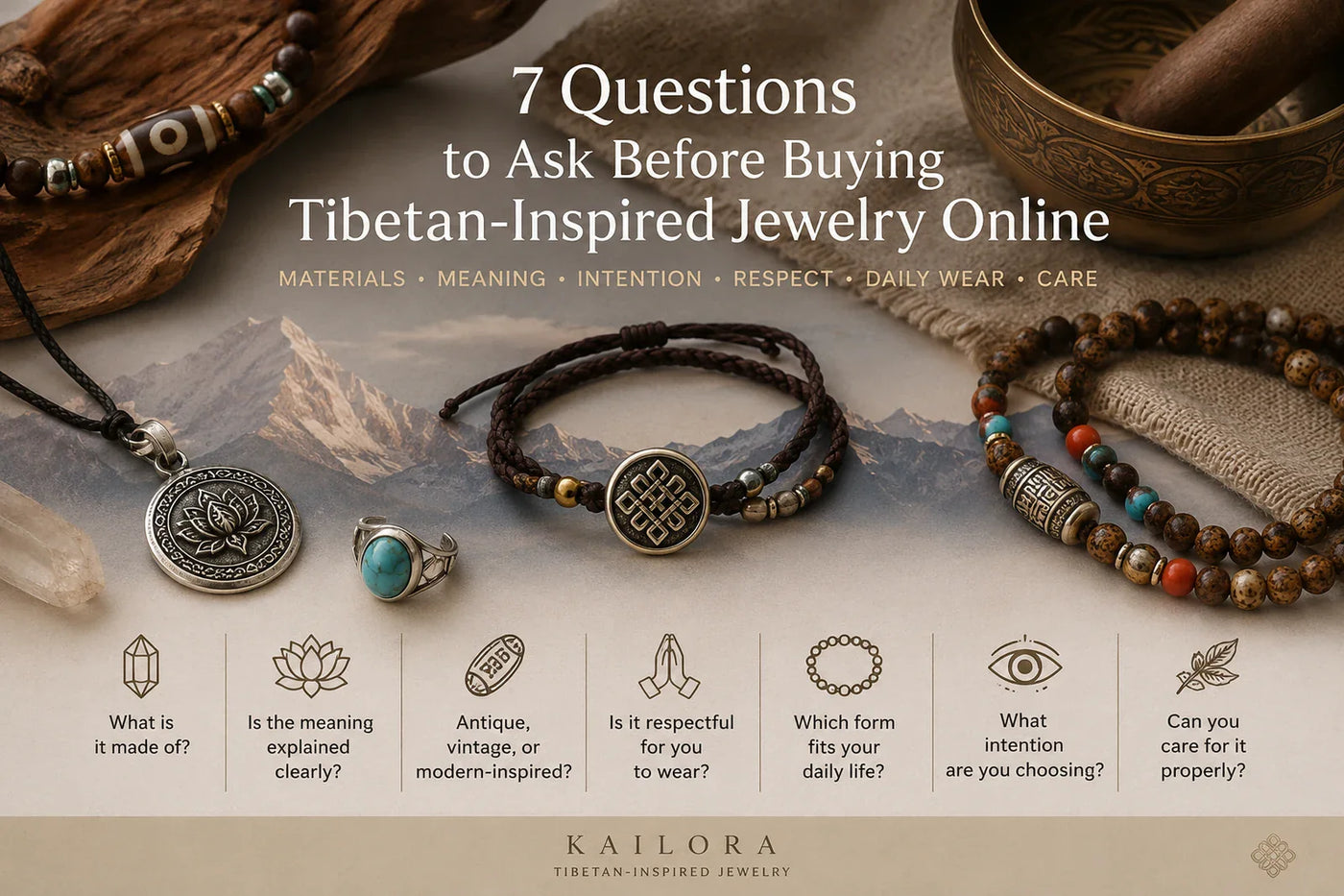 Tibetan-inspired jewelry buyer checklist with bracelets, mala beads, Dzi-inspired beads, and pendants on a calm Himalayan-inspired surface