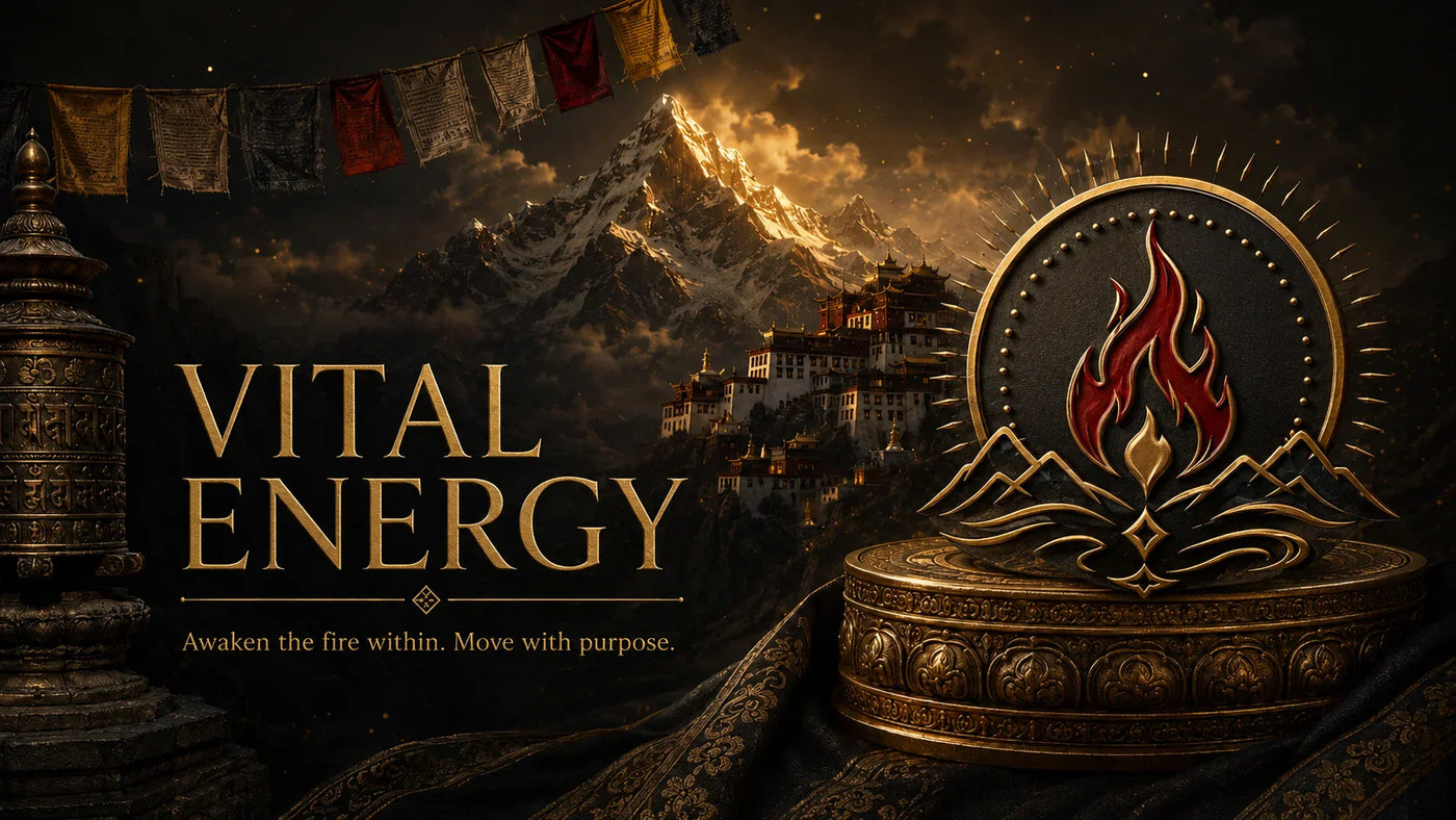 Kailora Vital Energy jewelry with Himalayan fire and sunrise-inspired symbolic background