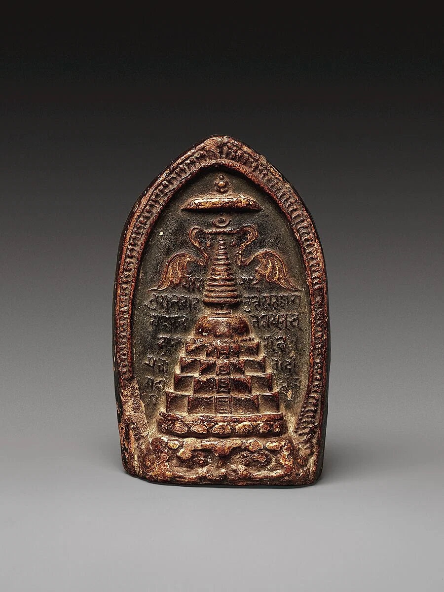 Tibetan tsa-tsa votive clay plaque depicting a stupa, 10th to 11th century