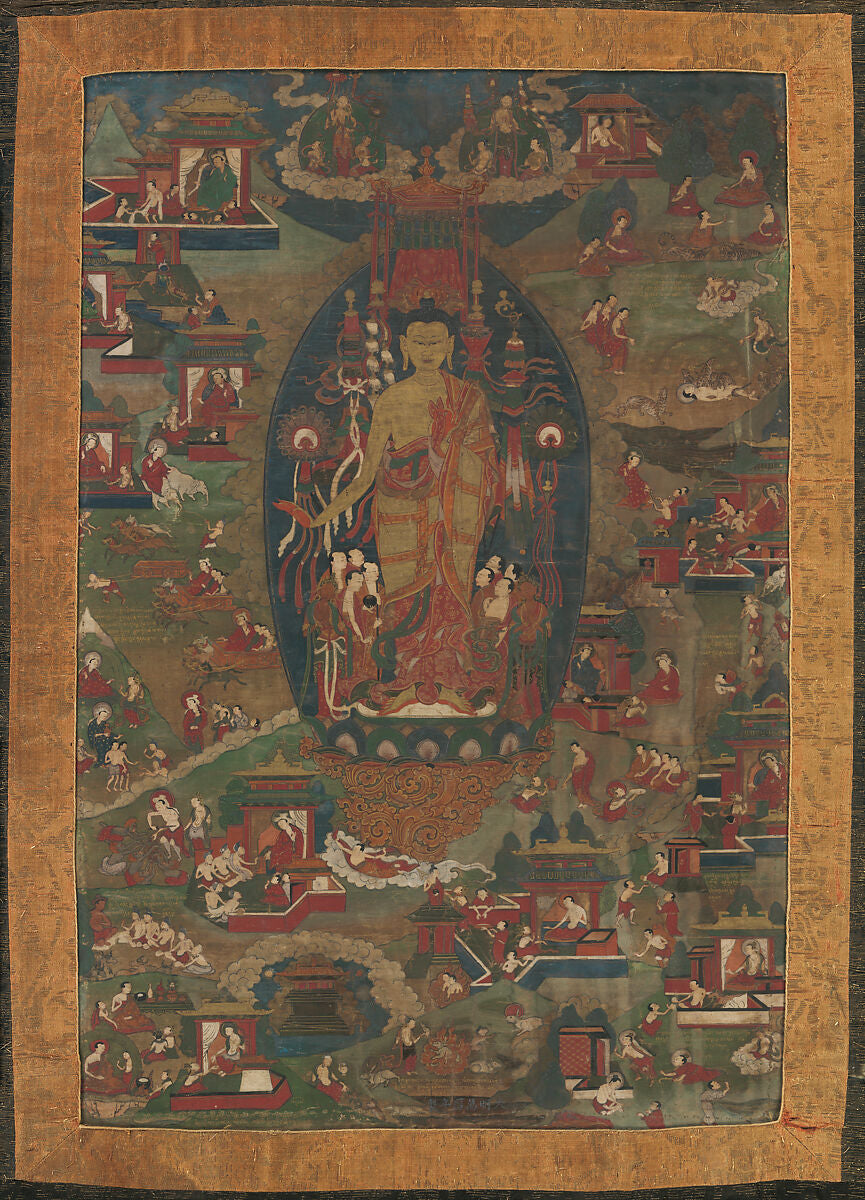 Tibetan narrative thangka with multiple Buddhist story scenes