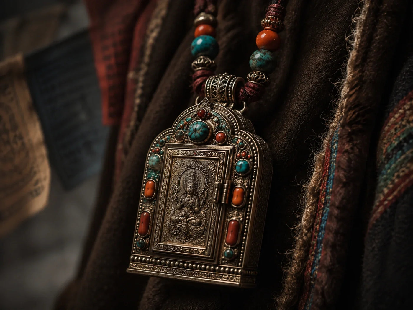 Tibetan-inspired ga'u amulet box with ornate metalwork, turquoise and coral details