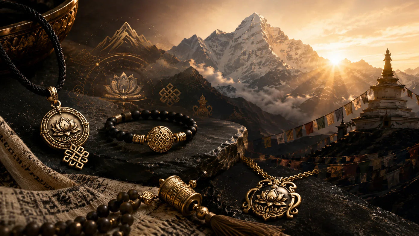 Tibetan-inspired jewelry guide with Himalayan symbols, Dzi beads, mala beads, turquoise, prayer flags, and Kailora intention jewelry