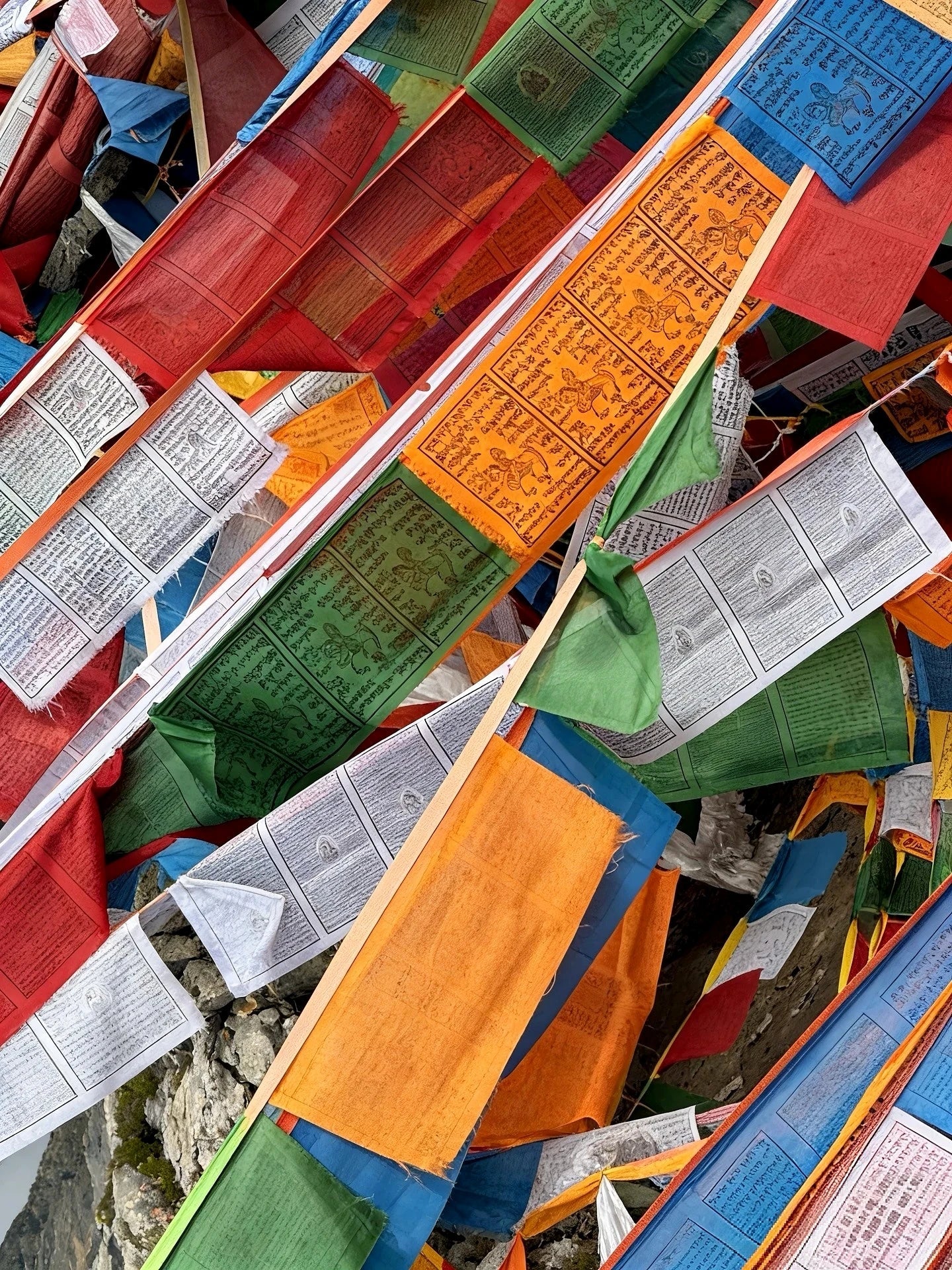 Traditional Tibetan Lungta prayer flags featuring printed Wind Horse imagery and sacred text