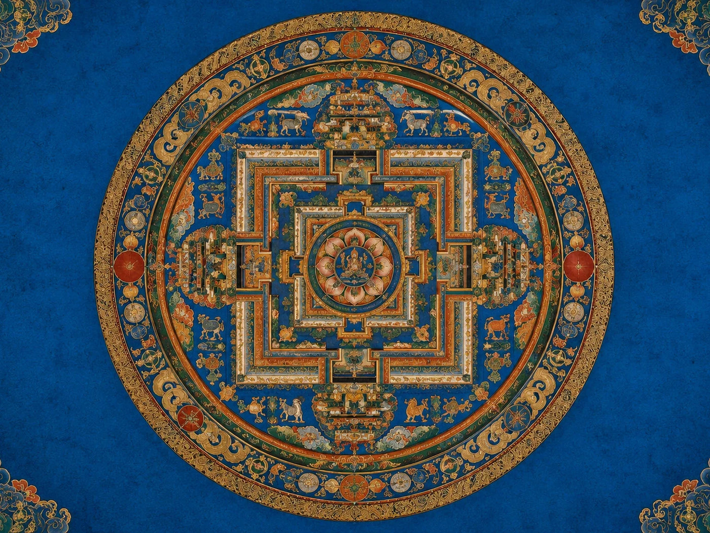 Traditional Tibetan Buddhist mandala with sacred palace structure and concentric symbolic geometry