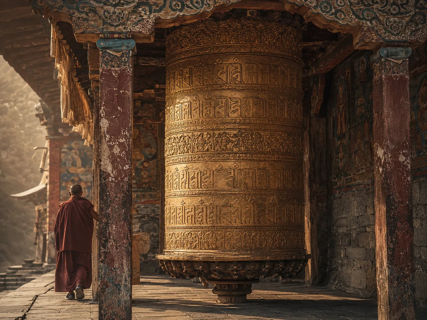 Monk walking beside a large golden Tibetan prayer wheel in a monastery corridor