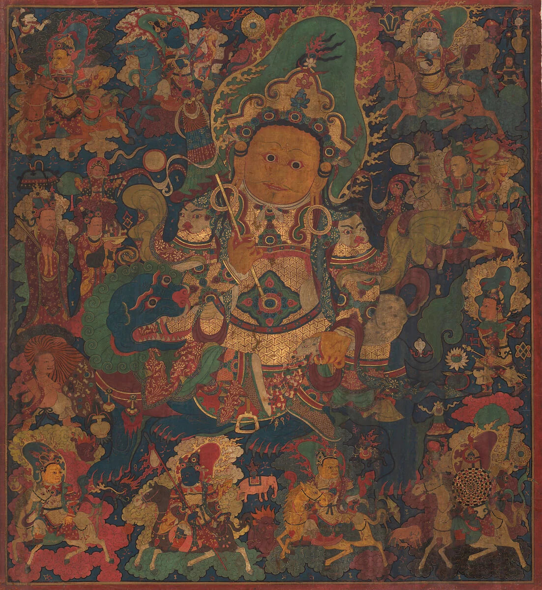 Fifteenth-century Tibetan painting of Vaishravana seated on a snow-lion mount