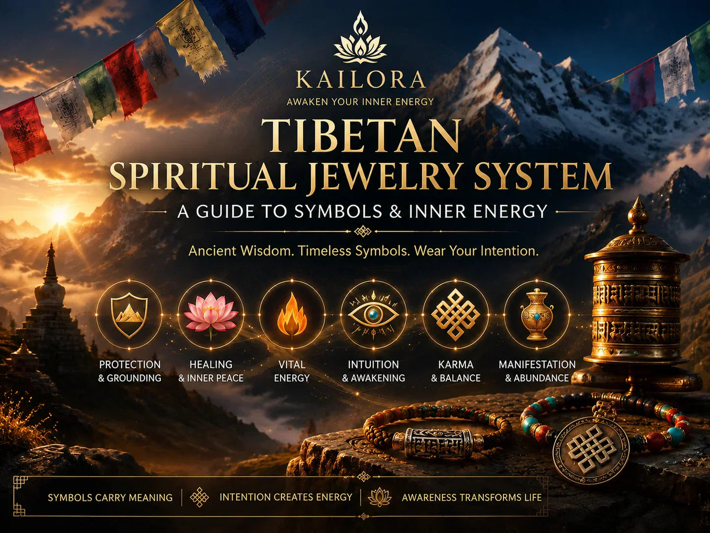 Tibetan jewelry meaning guide with Dzi beads, Vajra, lotus, turquoise, mala beads, prayer flags, and Kailora symbolic jewelry