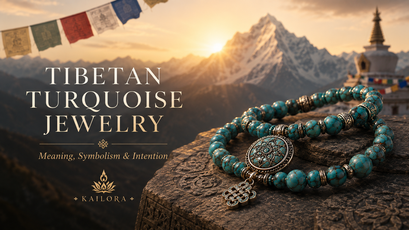 Tibetan turquoise jewelry with Himalayan mountain background by Kailora