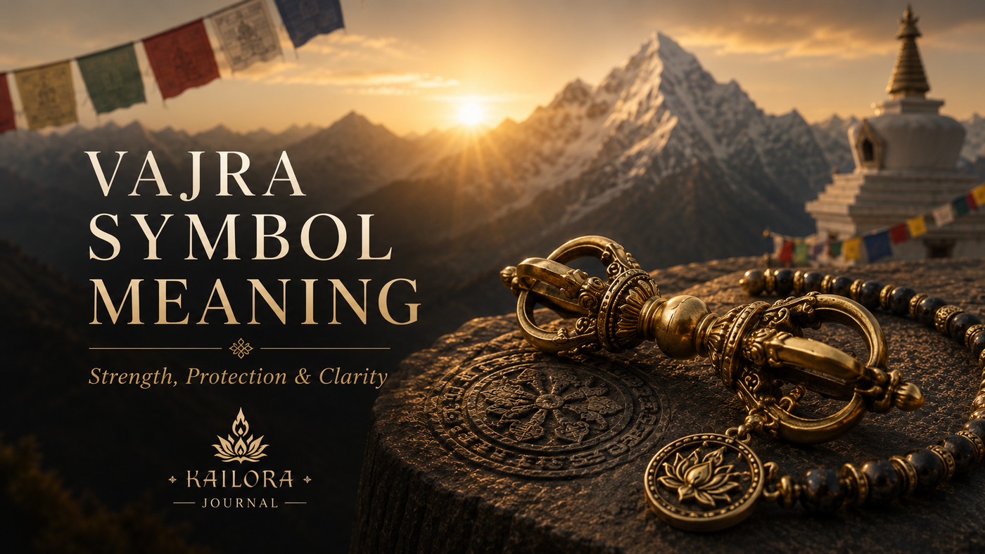 Vajra symbol jewelry with golden Himalayan temple atmosphere by Kailora