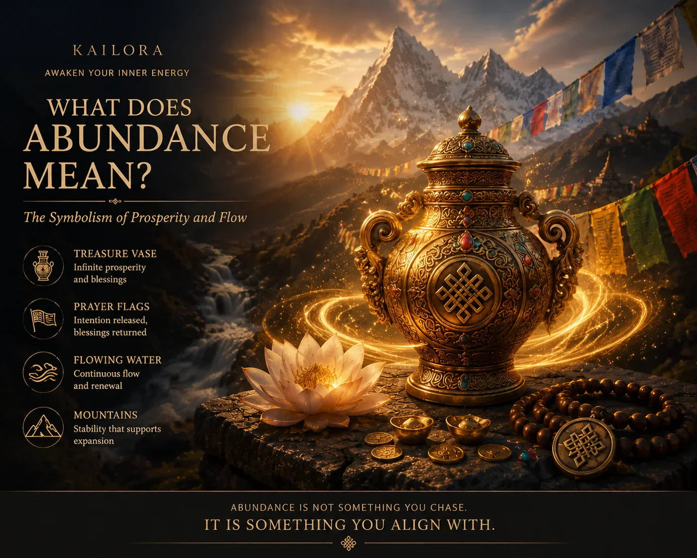 Abundance symbolism and prosperity energy jewelry with Himalayan background by Kailora
