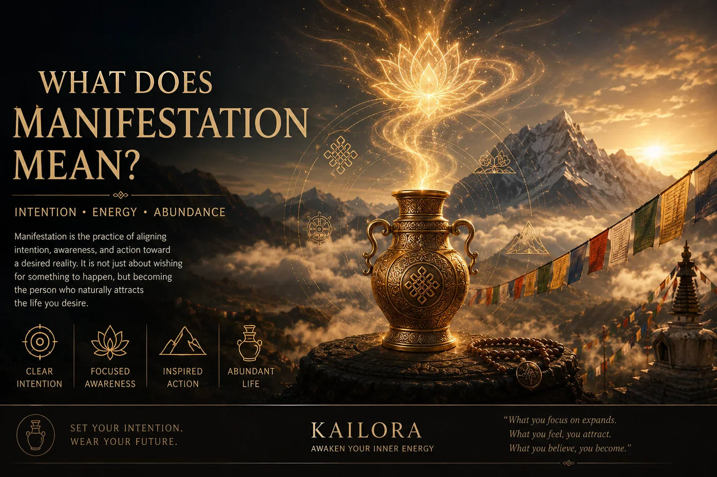 Manifestation and abundance jewelry with Himalayan symbolic background by Kailora