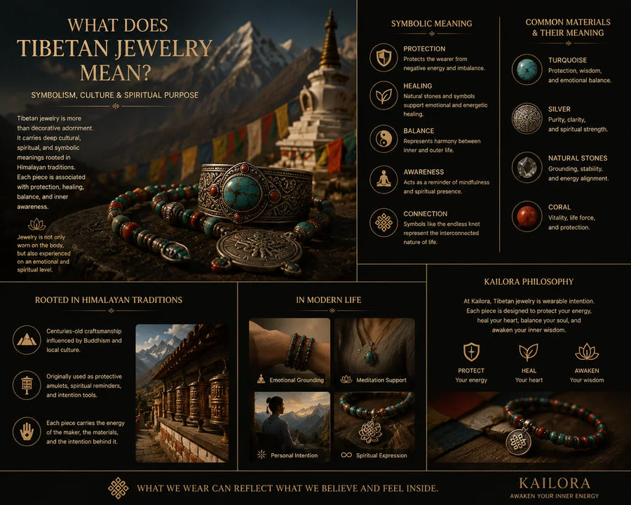 FAQ guide to Tibetan jewelry meaning with Himalayan symbols, Dzi beads, mala beads, turquoise, and Kailora symbolic jewelry