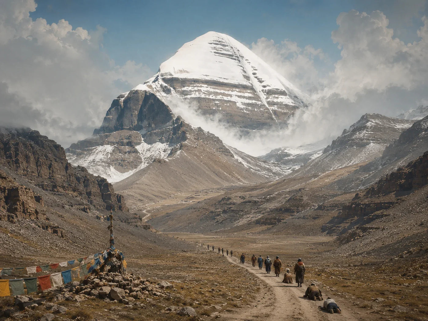 Pilgrims performing kora beneath Mount Kailash, Kang Rinpoche, in western Tibet